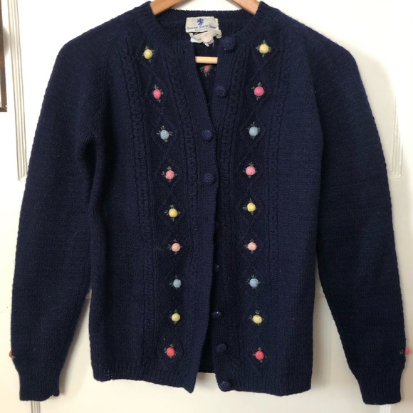 Vintage hand made Navy Cardigan with rosette details - Picture 1 of 9